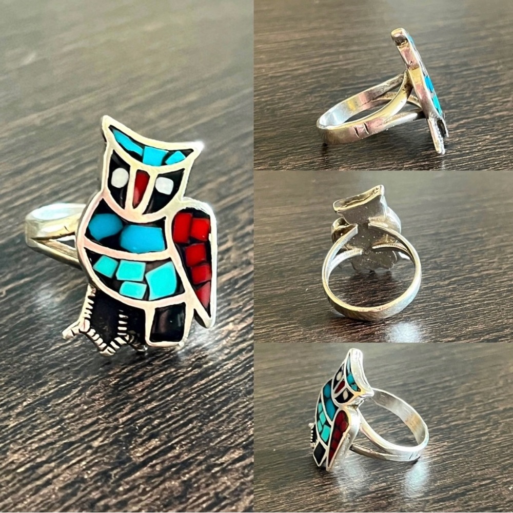 Vintage Native American Owl Sterling Silver Mosaic Multi Stone Inlay Ring Size 7